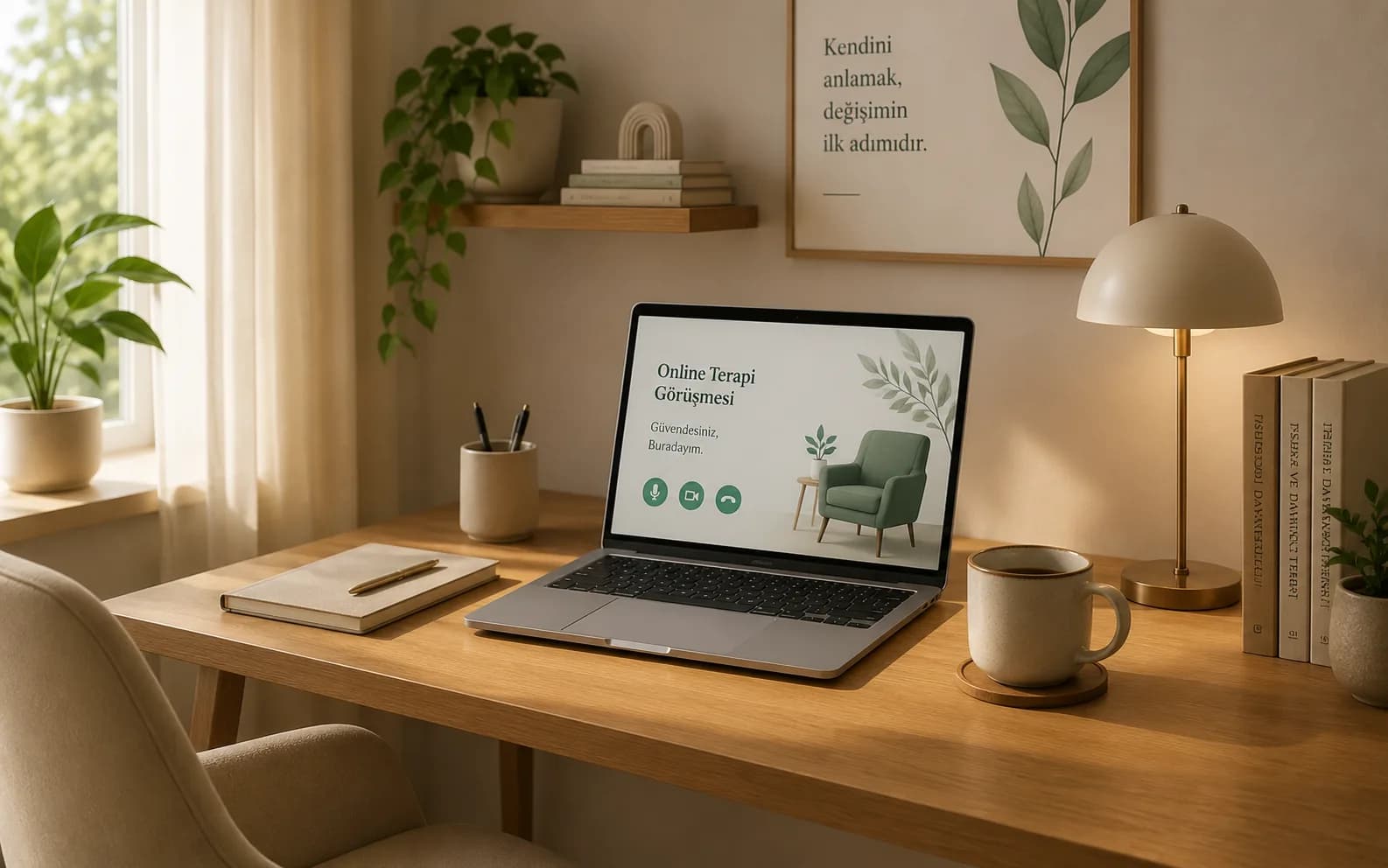 Online terapi seansı için hazırlanmış sakin bir çalışma alanı